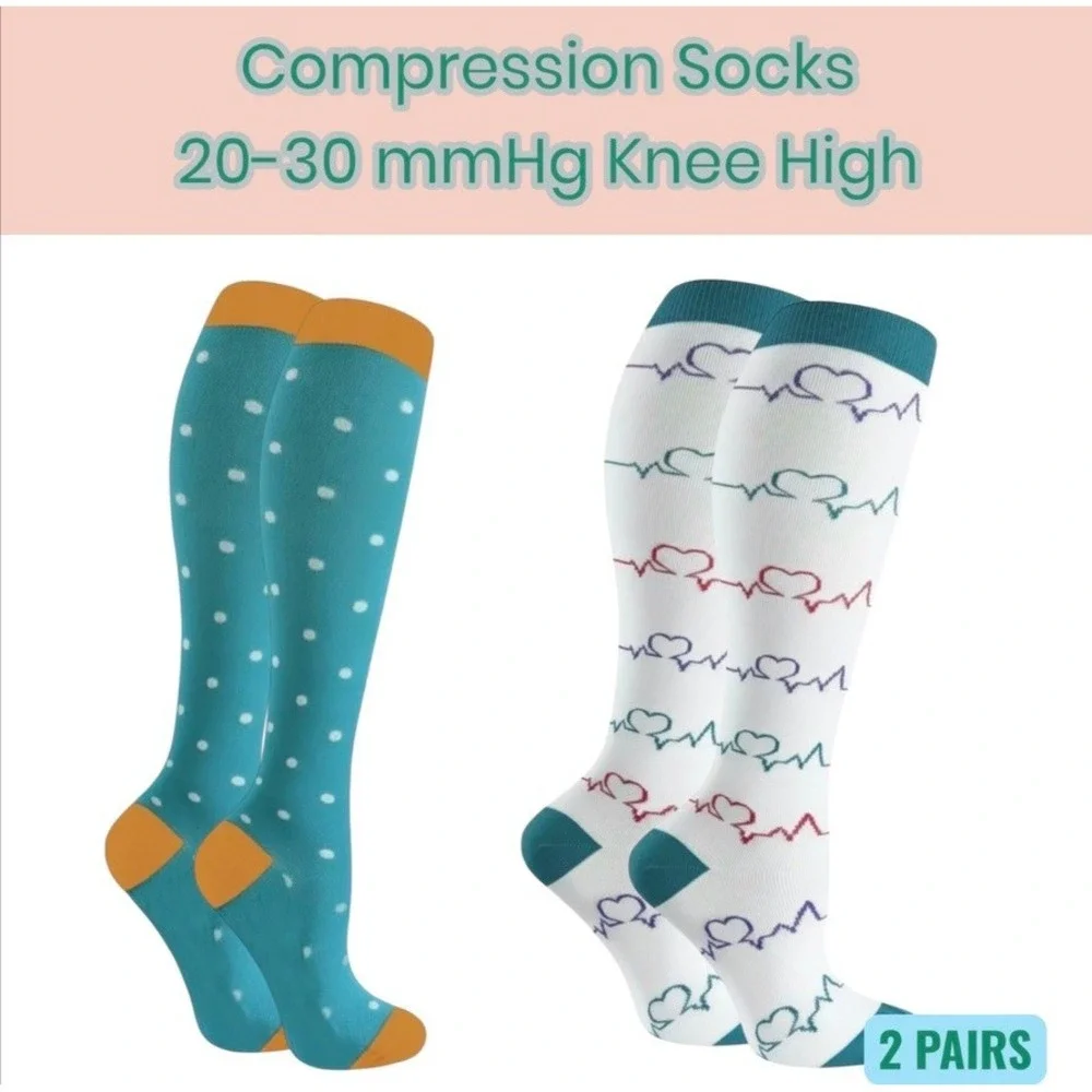 Unisex 20-30 mmHg‎ Compression Socks L/XL Knee High Medical Whimsical 2 Pack NEW